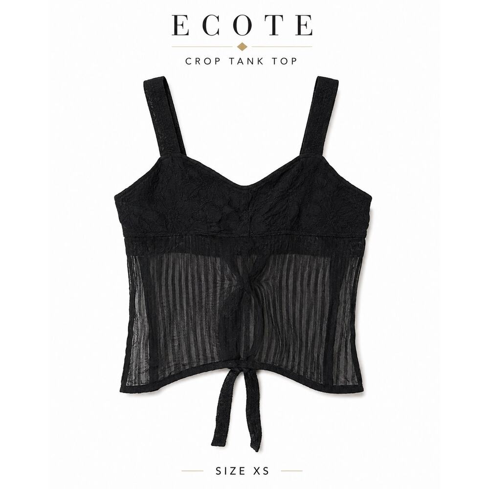 Ecote Black Semi Sheer Crop Tank Top XS Lace Tie Front Adjustable Strap Cami